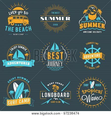 Summer Holidays Design Elements. Set Of Hipster Vintage Logotypes And Badges In Three Colors On Dark