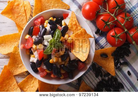 Mexican Salsa And Corn Chips Nachos. Horizontal Top View Close-up
