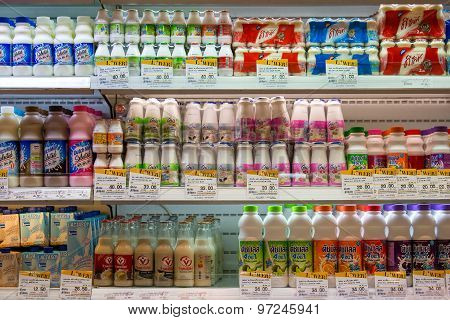 Selection of yogurts soy milk and milk on the shelves in a supermarket Siam Paragon in Bangkok Thail