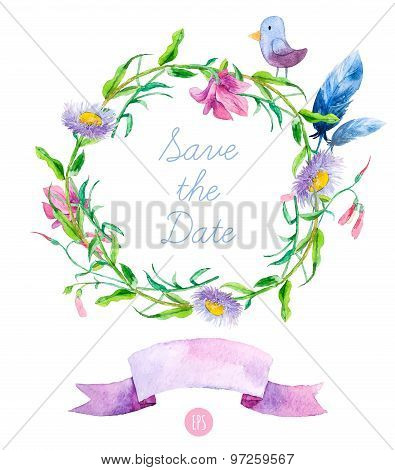 Floral wreaths. Vector watercolor colorful circular floral wreaths with beautiful flowers. Hand draw