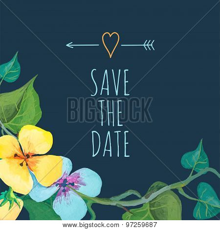 Save the Date card template with romantic summer flowers and cute bird. Hand drawn design. Perfect f