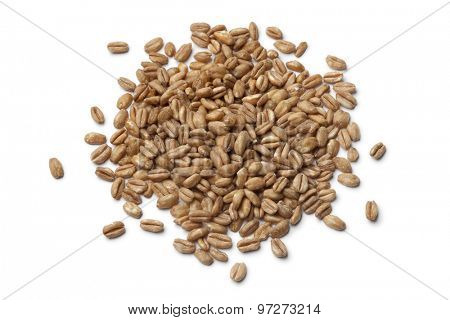 Heap of raw Farro grains on white background