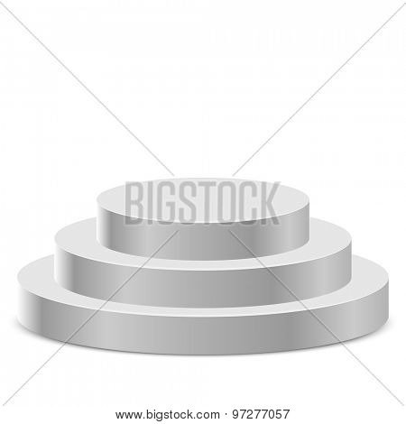 Three step white round podium isolated on white background.