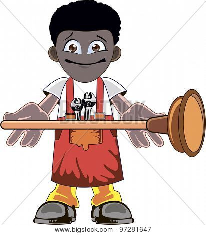 A cartoon plumber holding plunger and smiling