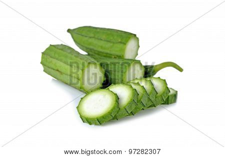 Fresh Angled Loofah, Gourd With Stem On White Background