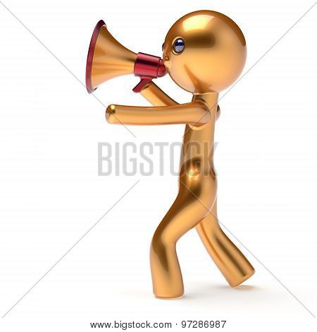Man Golden Character Speaking Megaphone Making Sale