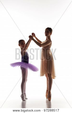 The little ballerina dancing with personal ballet teacher in dance studio