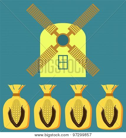 Mill And Bag, Ears Of Corn