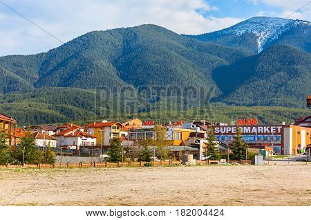 Bansko, Bulgaria April 14, 2017: Bansko, Bulgaria spring view with aldo, mountains peaks landscape and houses