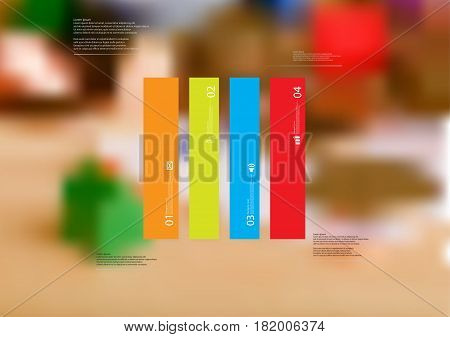 Illustration infographic template with motif of rectangle vertically divided to four standalone color sections. Blurred photo with financial motif with coins and money is used as background.