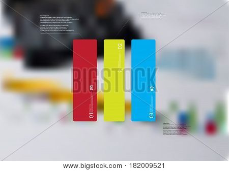 Illustration infographic template with motif of rectangle vertically divided to three standalone color sections. Blurred photo with financial motif with charts and calculator is used as background.