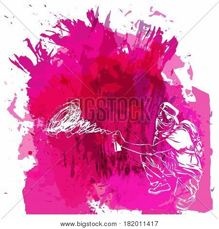 Paint spot with splash in watercolour style. Graffiti guy makes street art on wall. Background for flayer, web banner, print.