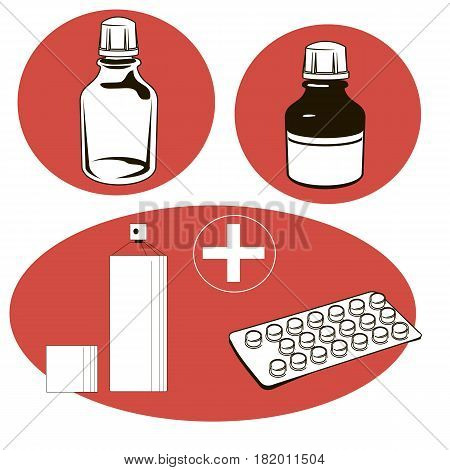 Medical set on a red background. Vector illustration