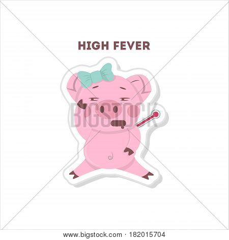 Pig with high fever. Isolated cute sticker on white background.