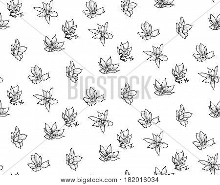 Vector Black Decorative Seamless Backdround Pattern with Drawn Flowers, Blossom, Plants. Doodle Style Greenery, Lush Foliage, Foliate. Vector Illustration. Pattern Swatch
