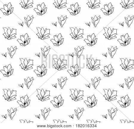 Vector Black Decorative Seamless Backdround Pattern with Drawn Flowers, Blossom, Plants. Doodle Style Greenery, Lush Foliage, Foliate. Vector Illustration. Pattern Swatch