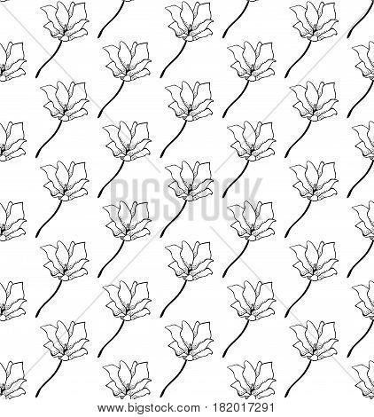 Vector Black Decorative Seamless Backdround Pattern with Drawn Flowers, Blossom, Plants. Doodle Style Greenery, Lush Foliage, Foliate. Vector Illustration. Pattern Swatch