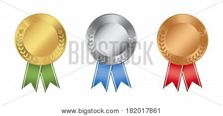 Ribon medals set on white background. Golden, silver and bronze.