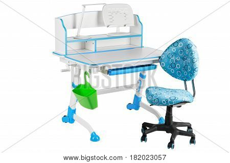 Blue chair blue school table green basket and desk lamp on the white isolated background.