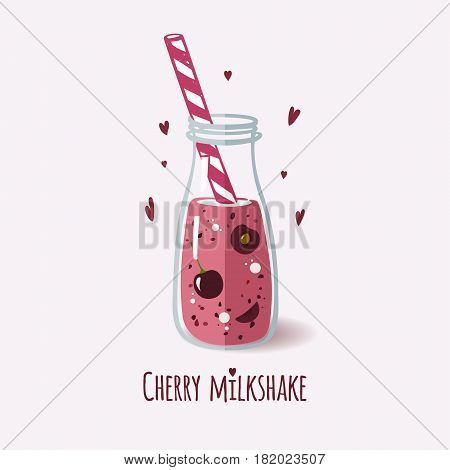 Cherry milkshake. Cute bottle of healthy cocktail. Detox drink. Healthy & tasty beverage from garden and forest berries. Vector illustration.