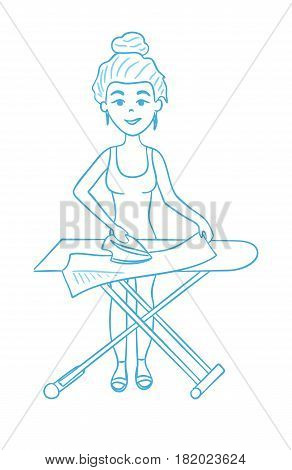 Isolated housewife ironing and standing on white background. Household chores. Line art.