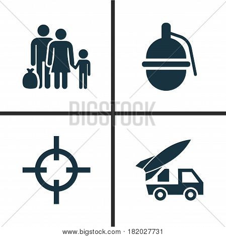 Warfare Icons Set. Collection Of Bombshell, Ordnance, Fugitive And Other Elements. Also Includes Symbols Such As People, Bombshell, Grenade.