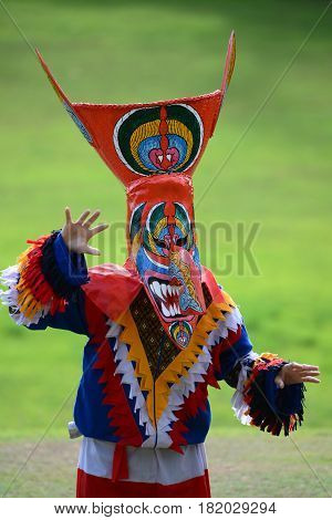Kid dancers with ghost mask to show in Thai northeastern traditional Phi Ta Khon ghost Festival