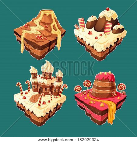 Vector 3D isometric illustration of sweet islands with mountains, rivers and waterfall of cakes, cream, chocolate, caramel. Elements of design for games