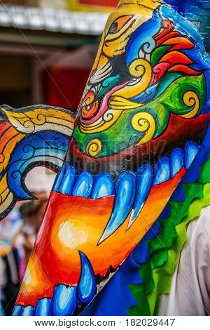 CLoseup Thai northeastern traditional Phi Ta Khon ghost mask in Phi Ta Khon Festival parade in Dansai Loei of Thailand