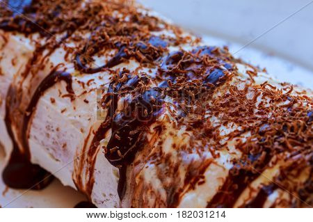 Closeup Of A Yule Log Cake, Traditional Of Christmas Time,