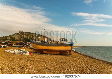 View Of The Seaside Town, Fishing Boats On The Shore, Stony Beach