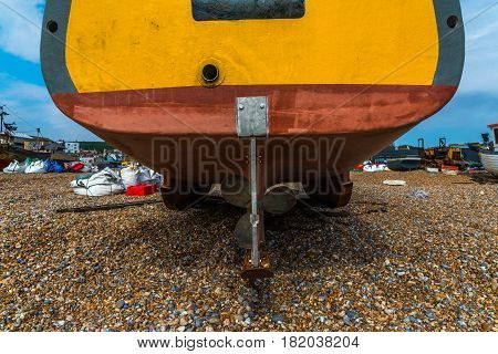 Fishing boats on the shore stony beach fishing industry screw boat pebble