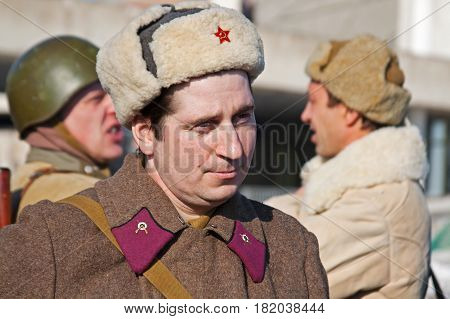 Volgograd Russia - January 30 2011: Portrait of actor dressed as Russian Soviet soldier of World War II in reconstruction of the capture of field Marshal Paulus in Volgograd
