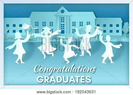 Graduation party background in paper art style with happy cartoon graduates. Vector illustration in carved craft style