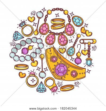 Jewelry poster of gemstones and bijou fashion golden or diamond accessories. Vector design of wedding golden rings, earrings, necklaces, brooch and hearts