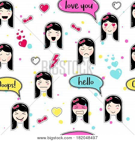 Emoji seamless pattern in anime style with cute girls. Kawaii patch badges. Tillable background for fabric, textile, wrapping or wallpaper. Stickers with manga emoji girls. Different faces and hairs.