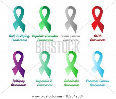 Set of awareness ribbons: anti-bullying bipolar disorder brain aids epilepsy hepatitis b acholasia prostate cancer