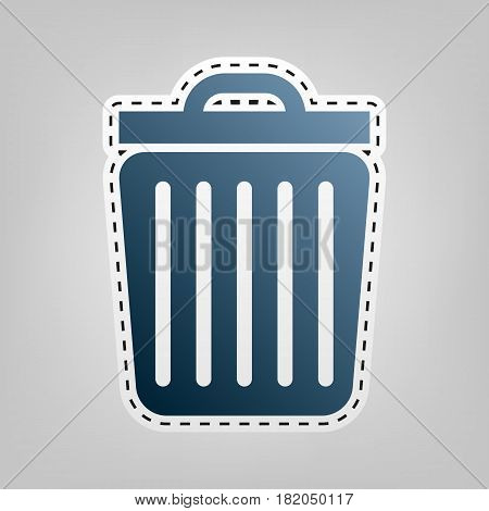 Trash sign illustration. Vector. Blue icon with outline for cutting out at gray background.