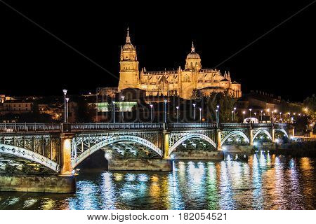 Beautiful View Of The Historic City Of Salamanca With New Cathedral And Enrique Esteban Bridge At Ni