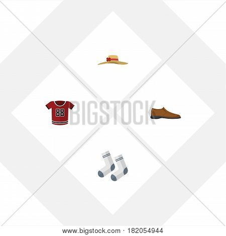 Flat Garment Set Of T-Shirt, Male Footware, Foot Textile And Other Vector Objects. Also Includes Socks, Footware, Headgear Elements.