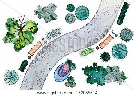 Set of hand drawn watercolor pictorial landscape design elements: different types of green trees, shrubs, lanterns, benches and snaky sidewalk, isolated on the white background for landscape design