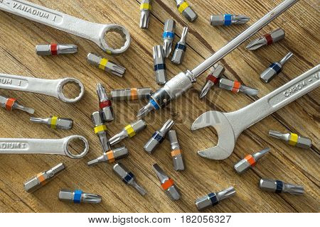 Maintenance tools on wooden table, hand tools