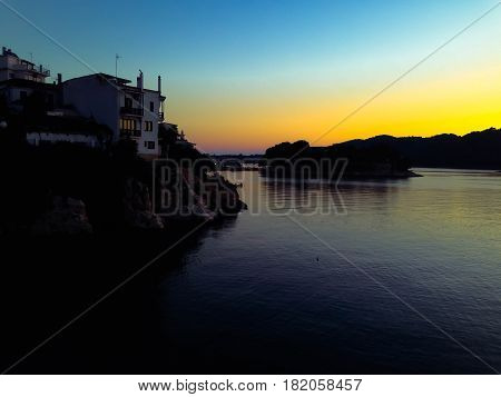 dawn view of old skiathos town just before the sun comes up
