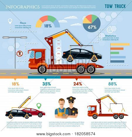 Tow truck for transportation faults and emergency cars tow truck infographic vector. Car service infographic auto towing