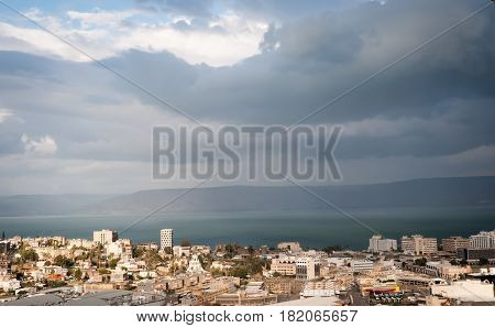 Top view of the residential neighborhoods of Tiberias , Israel .