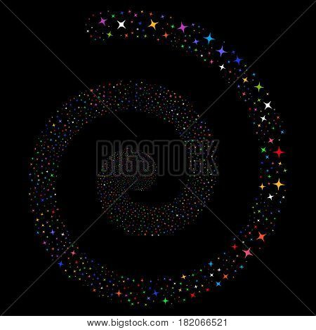 Space Star magic whirlpool spiral. Vector bright multicolored scattered symbols.