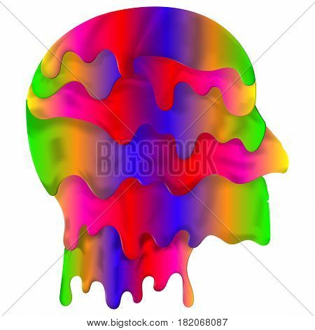 Liquify head vector. Dripping fluid in form of head in full color spectre. Abstract logo profile shaped element.