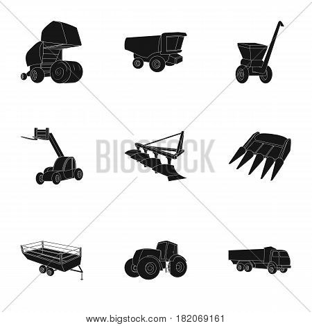 Set of pictures about agricultural machinery. Cars to robots to the ground.Agricultural Machinery icon in set collection on black style vector symbol stock web illustration.