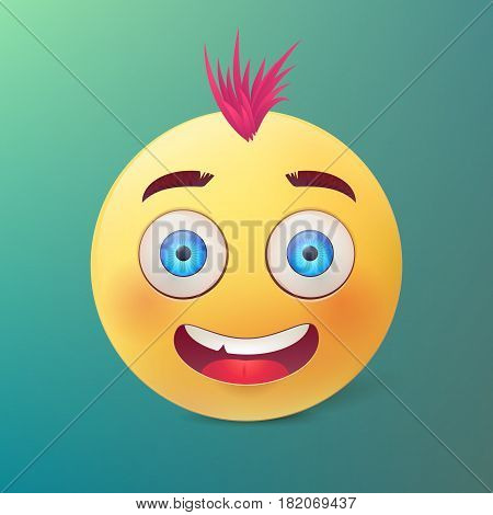 Vector yellow ball with happy smiling face and pink hair on green background .