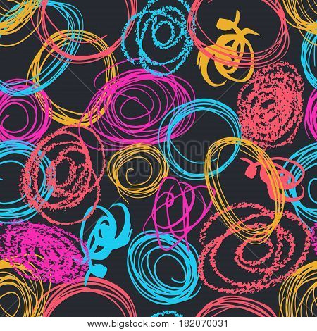 Vector colorful seamless pattern with brush blots and circle. Pink blue yellow red color on black background. Hand painted grange texture. Ink geometric elements. Fashion modern style. bright fantasy.